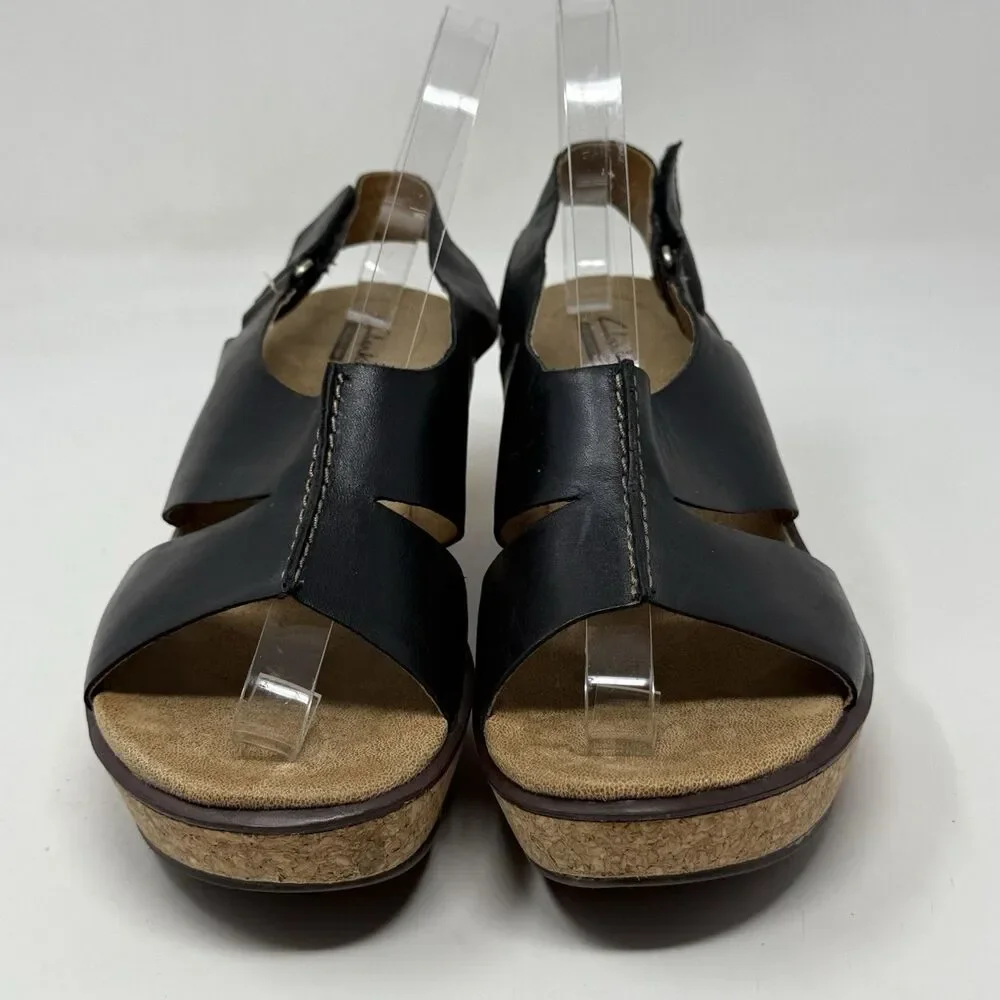 Clarks Rosemund Dune Platform Wedge Sandals Womens 8.5 Black Slingback Boho Chic